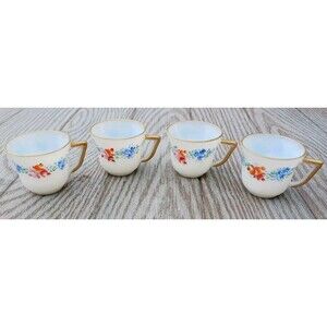 VTG Set of 4 Iridescent French Milk Glass Teacups Gold Trim Hand Painted Floral